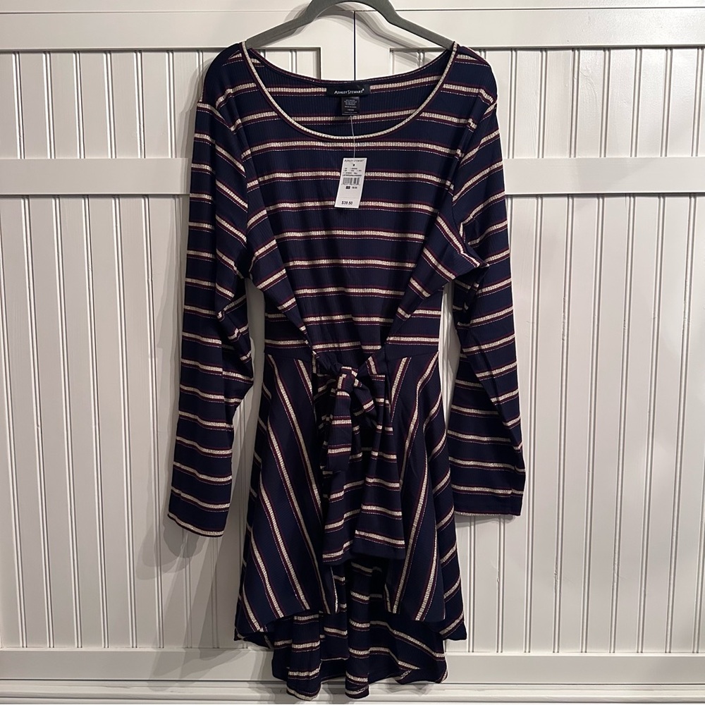 NWT Ashley Stewart Navy Striped Tie Front Ribbed Knit Dress Plus Size 18/20